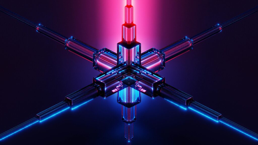 Vibrant geometric neon design featuring glowing futuristic light structures.